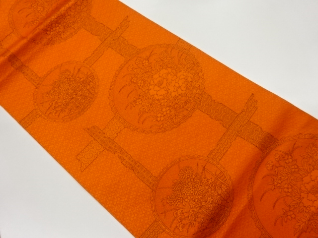 本場筑前博多変わり格子に丸文・草花模様織出し名古屋帯